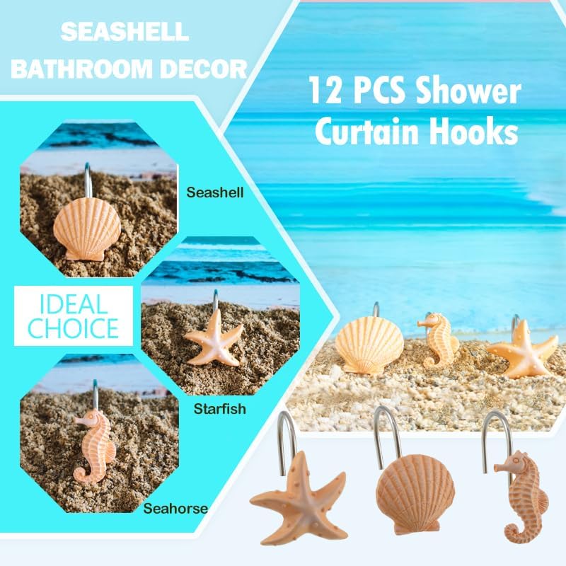 Seashell Shower Curtain Hooks 12pcs Beach Shower Curtain Rings Bath Shower - Image 2