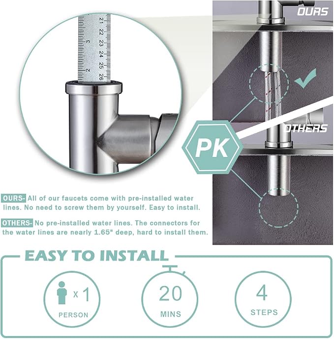 WEWE High Arc Pull-Down Kitchen Faucet, 2-Mode Sprayer, Brushed Nickel | - Image 6