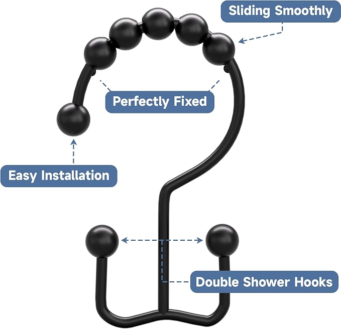 Titanker Black Shower Curtain Hooks Rings, Rust-Resistant Metal Double Glide - Image 4