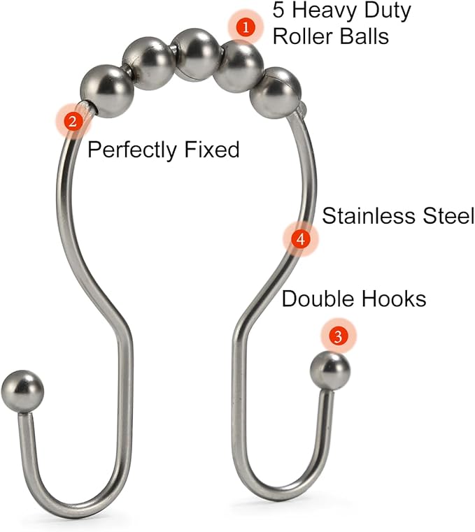 Shower Curtain Hooks, Stainless Steel Shower Curtain Hangers, Double Hook - Image 4