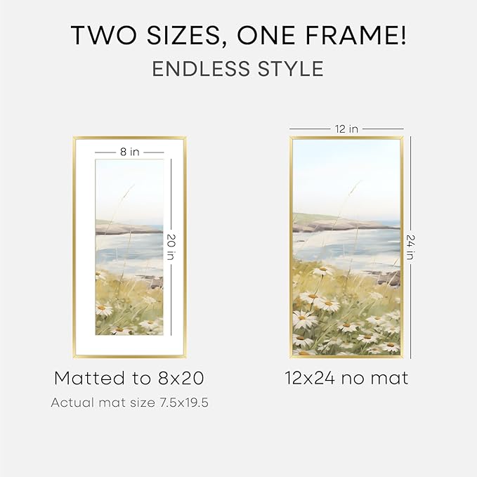 Homeforia 12x24 Picture Frame Gold, High End Metal 12x24 Poster Frames with Mat 8x20 inch Photo, 12 x 24 Gold Frames Matted to 8 by 20 Print, 24x12 Panoramic Frames, Tempered Glass, Wall Kit, Set of 2