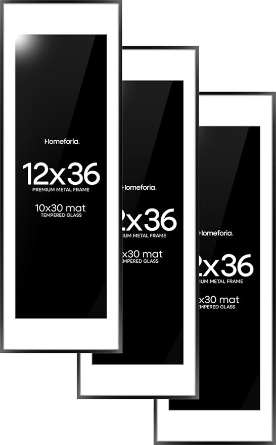 Homeforia 12x36 Picture Frame Black, High End Metal 12x36 Poster Frames with Mat 10x30 for Photo, 12 x 36 Black Frame Matted to 10 by 30 Art, 36x12 Panoramic Frames, Tempered Glass, Wall Kit, Set of 3