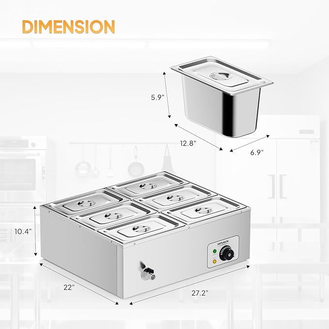 ROVSUN 42.3QT 1200W Electric Commercial Food Warmer, 6-Pan Steam Table 6.9 QT/Pan Stainless Steel Bain Marie Buffet Countertop with Temperature Control & Lid for Parties, Catering, Restaurants 110V