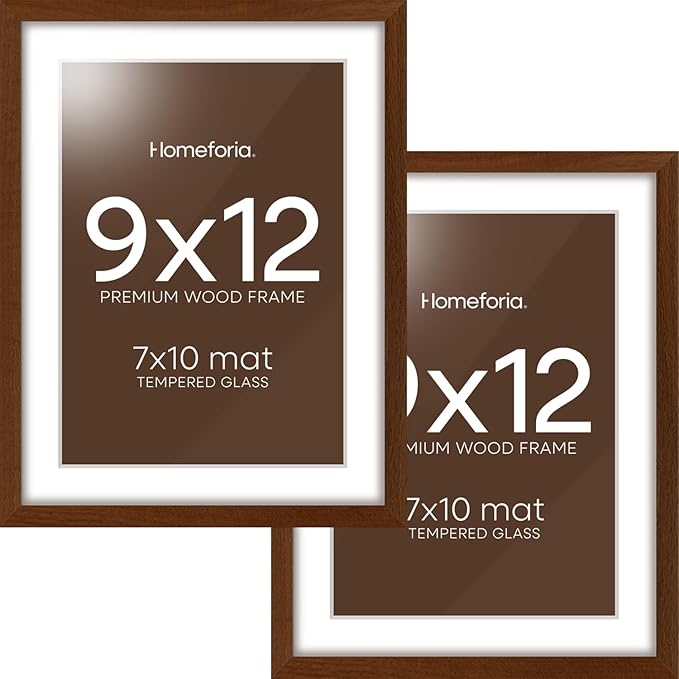 Homeforia 9x12 Picture Frame Brown, High End Dark Oak 9 x 12 Walnut Wooden Frames with Mat 7 by 10 Photo, 12x9 Wood Frame Matted to 7x10 Art, Wall or Tabletop Frame, Tempered Glass, Wall Kit, Set of 2