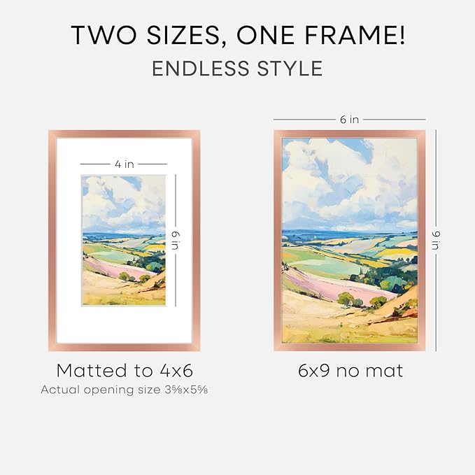 Homeforia Rose Gold 6x9 Picture Frame, High End Metal 6 x 9 Frames with Mat 4 x 6 for Print, 6by9 Desk Frame Matted to 4x6 inch Photo, 6 by 9 Wall or Tabletop Frame, Tempered Glass, Wall Kit, Set of 1