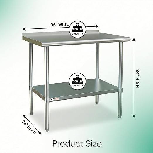 Stainless Steel Table 36x24 inches 3ft for Prep & Work, Heavy Duty Table with Backsplash for Commercial Kitchen, Restaurant, Home, Hotel, Laundry Room,Garage, Workshops