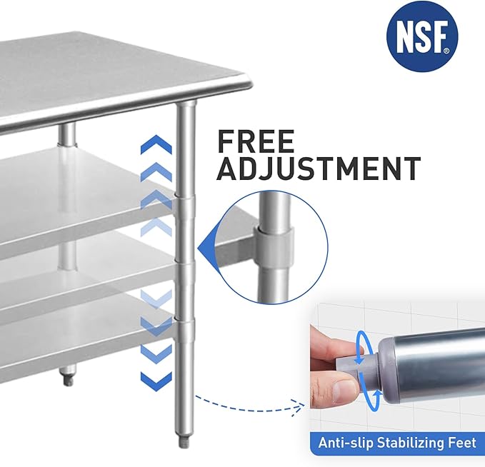 ROCKPOINT Stainless Steel Table for Prep & Work 18x48 Inches, NSF Metal Commercial Kitchen Heavy Duty Table with Adjustable Under Shelf and Table Foot for Restaurant, Home and Hotel