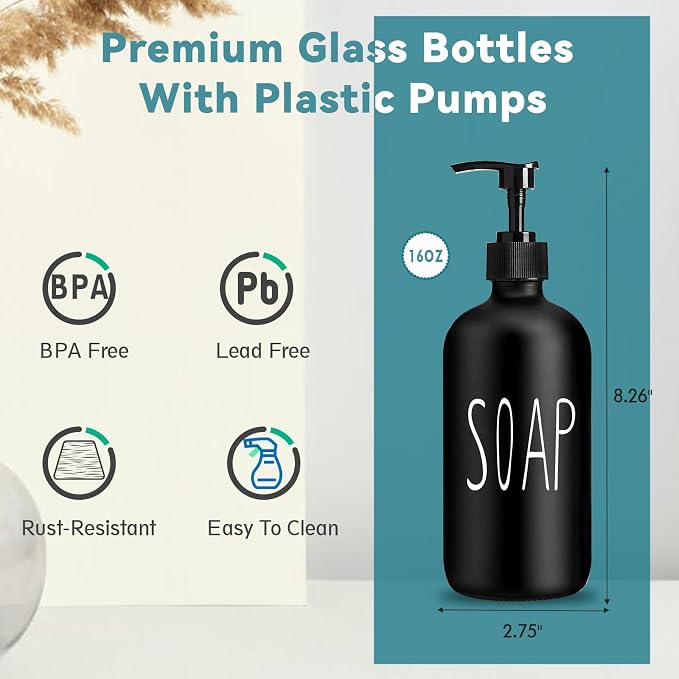 COHOSEGE Glass Soap Dispenser Set 2 Pack, 16 Oz Hand Soap Dispenser - Image 4