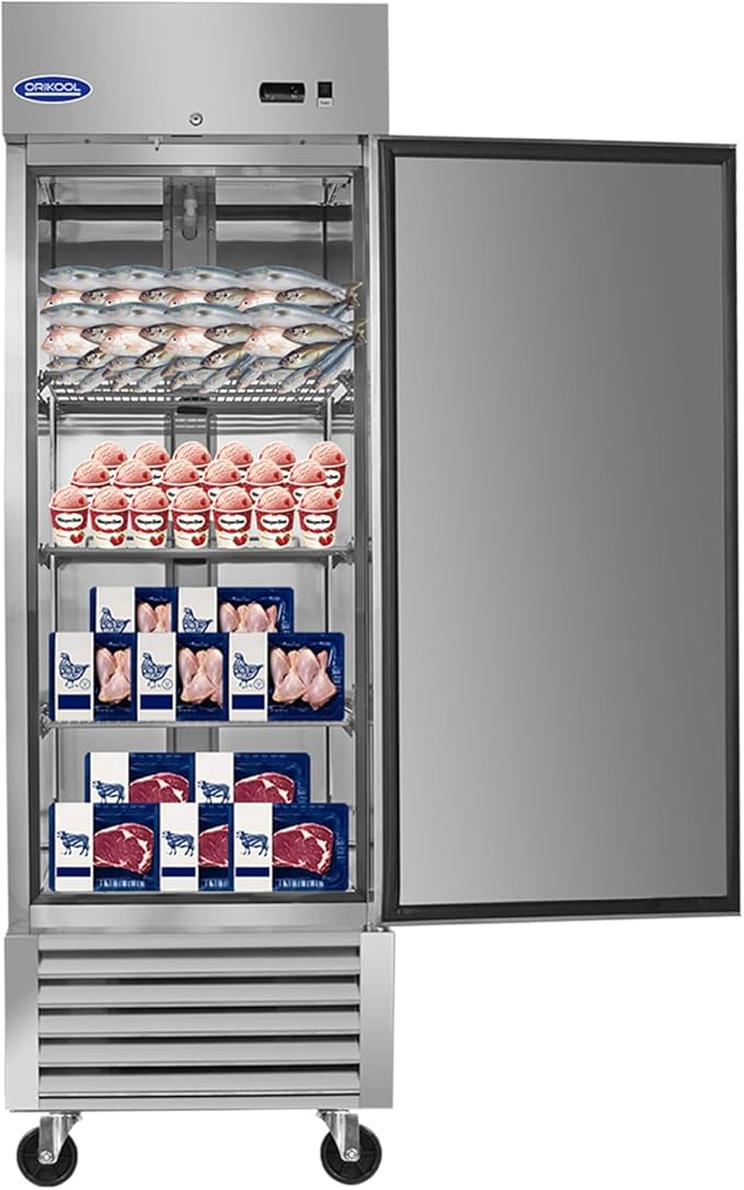 Commercial Upright Freezer with Single Door 27" W 23 Cubic Feet Storage, Adjustable Shelving, Automatic Defrosting, Precision Digital Thermostat, LED Lights, Safety Locks