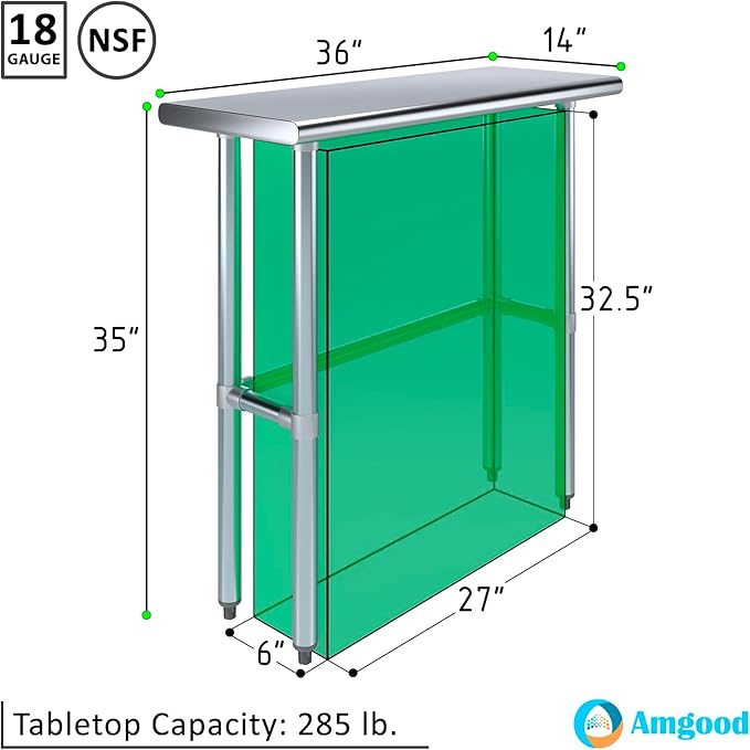AmGood Stainless Steel Work Table Open Base | NSF Kitchen Island Food Prep | Laundry Garage Utility Bench (36" Long X 14" Deep)