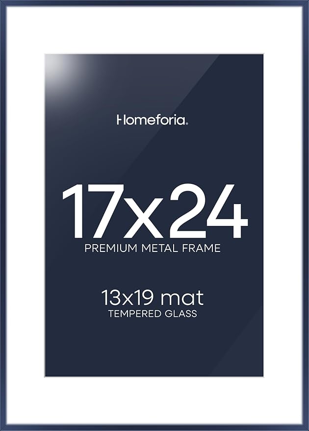Homeforia 17x24 Picture Frame Navy Blue, High End Metal 17x24 Poster Frames with Mat 13x19 Photo, 17 x 24 Navy Blue Frame Matted to 13 by 19 Print, 24x17 Thin Frame, Tempered Glass, Wall Kit, Set of 1