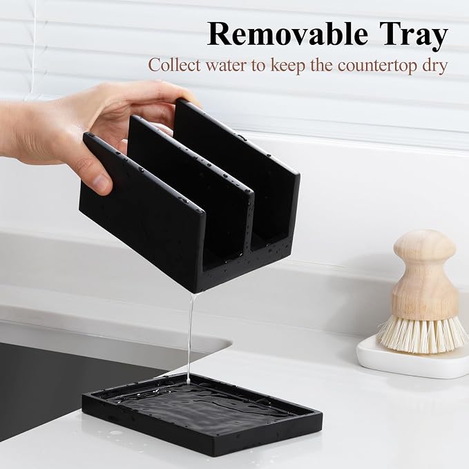 Luxspire Kitchen Sponge Holder wtih Drain Tray, 2 Compartment, Matte Black - Image 4