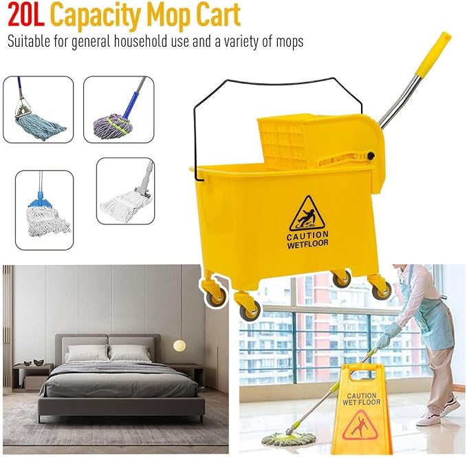 Commercial Mop Bucket with Wheels 20L Gallon, Side Press Wringer Combo Mop - Image 4