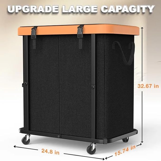 Laundry Basket with Wheels, 190L Leather Patchwork Laundry Hamper 2 Setion - Image 7