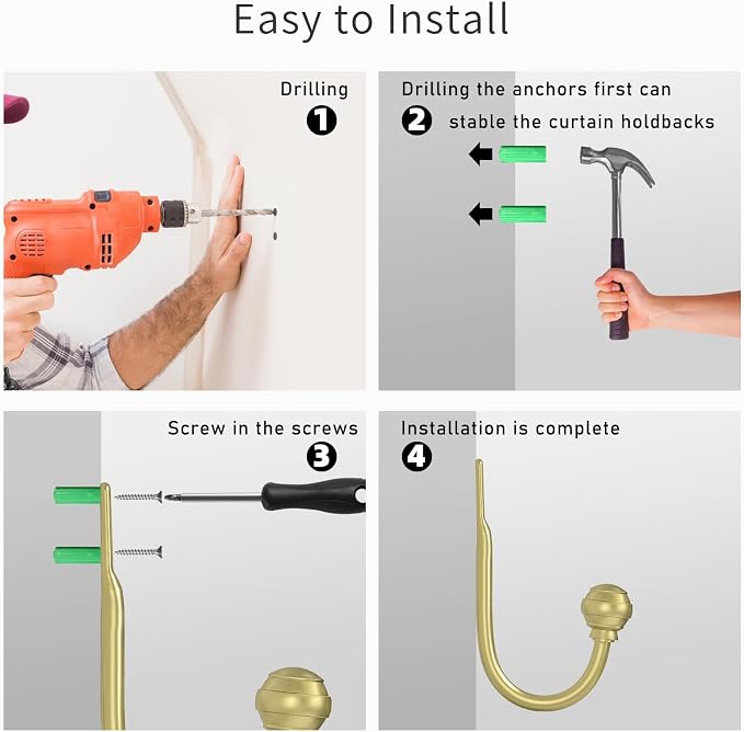 Hion Curtain Holdbacks Gold 2pcs, Curtain Tiebacks Wall Mounted Hooks | Curtain - Image 7