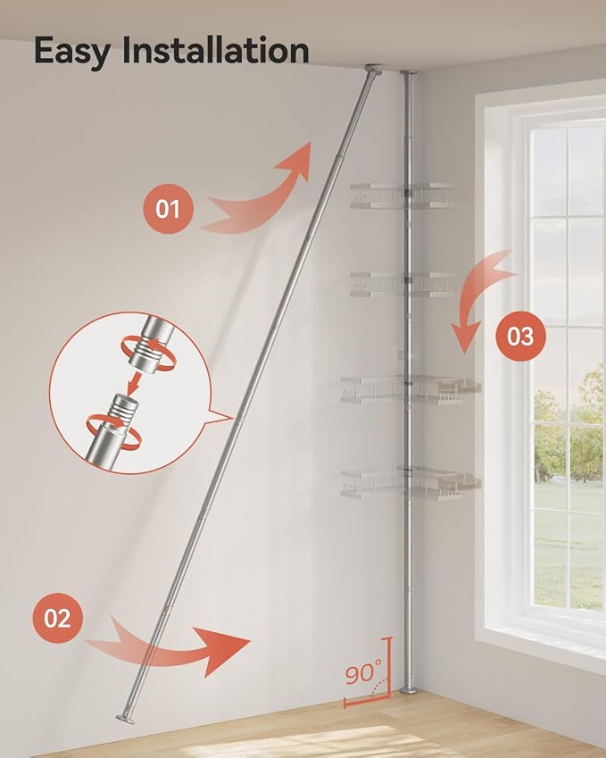 YASONIC Corner Shower Caddy Tension Pole, 25.7-109.1in Adjustable Shower Shelves - Image 9