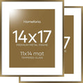 Homeforia 14x17 Picture Frame Bronze, High End Metal 14x17 Brass Poster Frames with Mat 11x14 for Photo, 14 x 17 Frame Matted to 11 by 14 Print, 17x14 Hanging Frame, Tempered Glass, Wall Kit, Set of 2