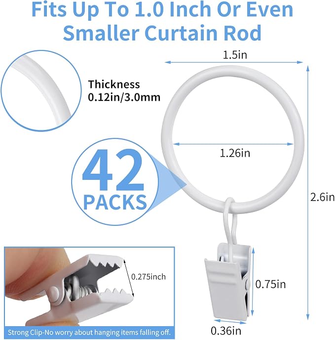 Curtain Rings with Clips, 42 Pack Metal Drapery Rings with Clips Hooks Hangers - Image 2