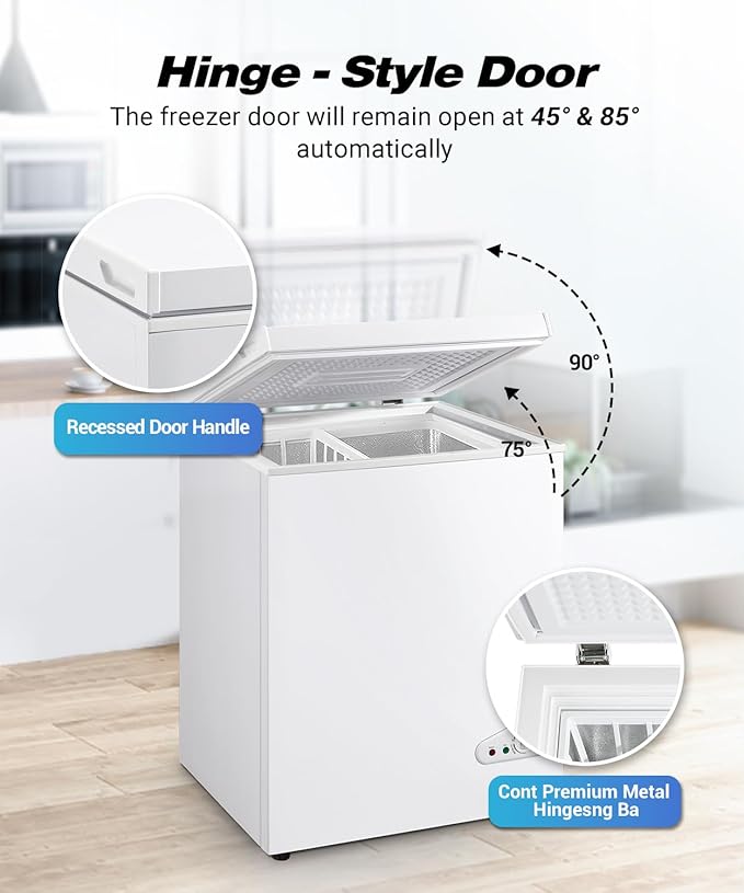 Chest Freezer, Deep Freezer 5 Cubic Feet with Removable Baskets & 6 Adjustable Temperature & Top Open Door, White Mini Deep Freezer Compact Freezer Suitable for Apartments(Down to -18°F)