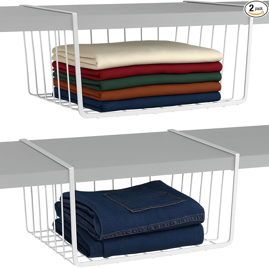 Modern Home Under Shelf Wire Storage Baskets – Hanging Organizer Rack for Cabinet, Pantry, or Closet – White Metal Basket for Kitchen, Towels, or Office – No Tools Required (Set of 2 11")