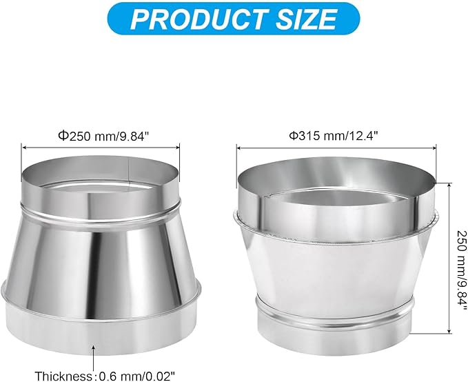 PATIKIL 12 Inch to 10 Inch Round Duct Reducer Increaser Connector, Galvanized Steel Air Duct Adapter Pipe Fitting for Bathroom Kitchen Inline Ventilation Systems, Silver Tone