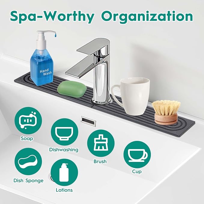 24 Inch Stone Faucet Mat for Kitchen Sink, Dark Grey | Quick Dry, Kitchen Water - Image 5