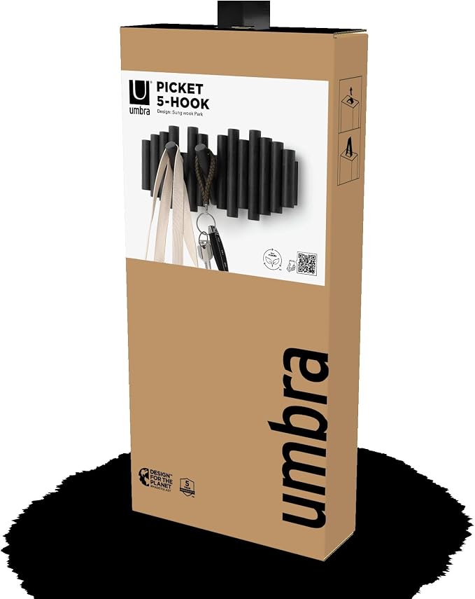 Umbra Picket Coat Rack, Wall Mount 5 Flip-Down Coat Hooks - Image 7