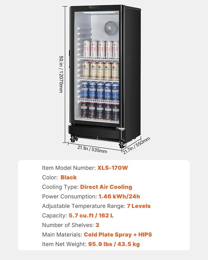 VEVOR Commercial Merchandiser Refrigerator, 5.7 CU.FT Glass Door Display Refrigerator Upright Fridge, Beverage Refrigerator Cooler Merchandiser with 3 Adjustable Shelves and Soft LED Light, Black