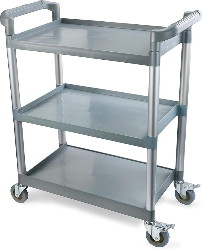 New Star Foodservice 54545 250-Pound Plastic 3-Tier Utility Bus Cart with Locking Casters, 32" x 16" x 38", Gray