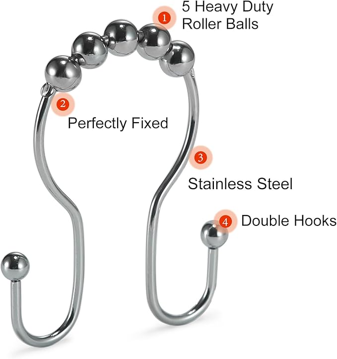Shower Curtain Hooks, Stainless Steel Shower Curtain Hangers, Double Hook - Image 4