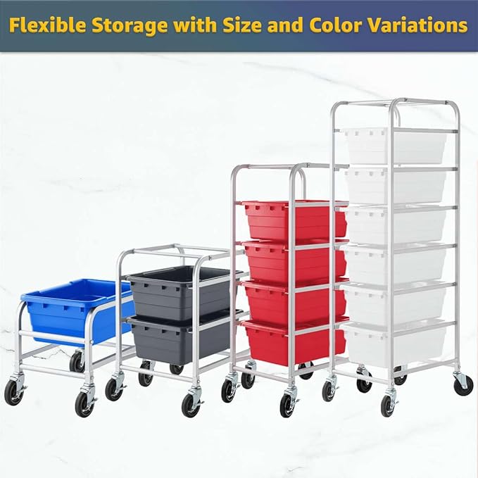 19"x26"x69" Mobile Aluminum Lug Rack with 6 Green Meat Lugs/Tote Boxes - NSF Heavy-Duty Commercial Portable Storage Cart with 5" Casters, 400 lb., Food Prep and Dishroom Durable Utility Rack
