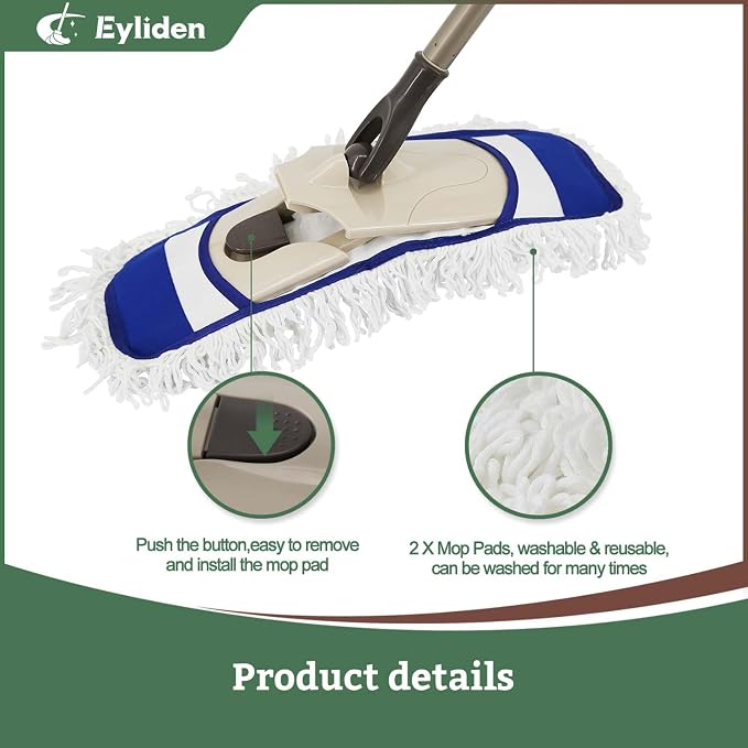 Eyliden Dust Mop, 2 Microfiber Pads, Home Commercial Cleaning, Quick Swap - Image 3