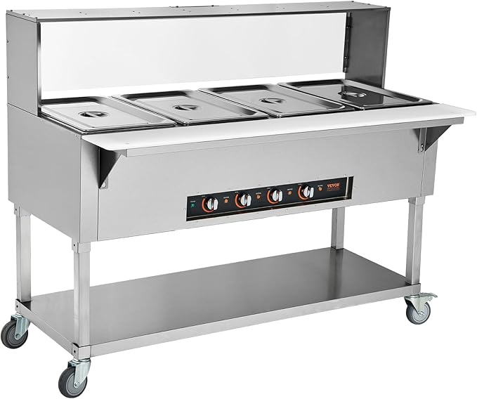VEVOR 4-Pan Commercial Food Warmer, 4 x 20.6QT Electric Steam Table, 2000W Professional Buffet Catering Food Warmer with Acrylic Sneeze Guard, Food Grade Stainless Steel Server for Party Restaurant