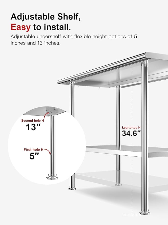 All-Stainless Steel Prep Table, 30 X 36 Inch, with Rounded-Corner Backsplash and Adjustable Undershelf, Heavy-Duty for BBQ,Restaurants,Hotels,Workshops,Kitchens,Gardens, and Garages