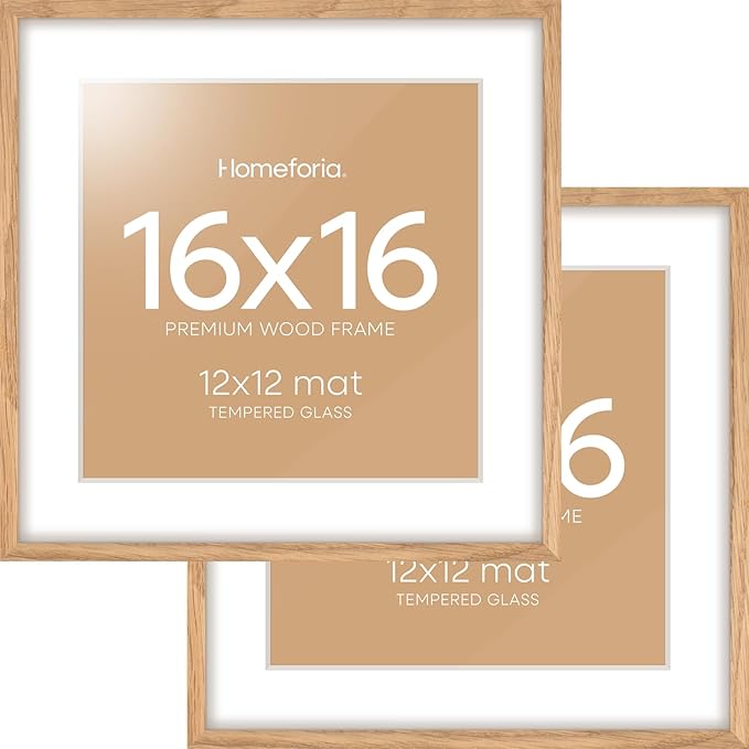 Homeforia 16x16 Picture Wood Frame, High End Natural Oak 16 x 16 Square Light Wooden Frames with Mat 12 by 12 inch Photo, 16by16 Poster Frames Matted to 12x12 Print, Tempered Glass, Wall Kit, Set of 2