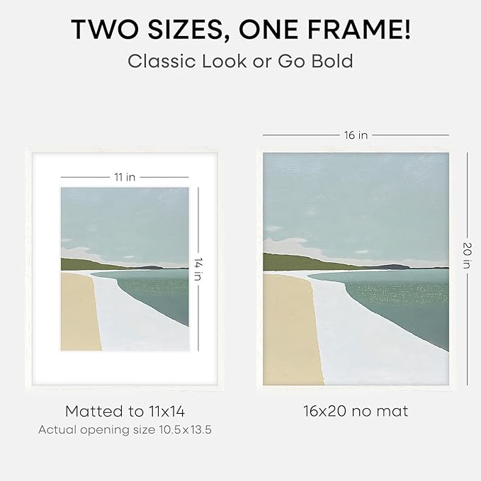 Homeforia 16x20 White Picture Frame, High End Oak 16x20 White Wood Frame with Mat 11x14 Photo, 16 x 20 Wooden Poster Frames Matted to 11 by 14, 20x16 Hanging Frames, Tempered Glass, Wall Kit, Set of 2