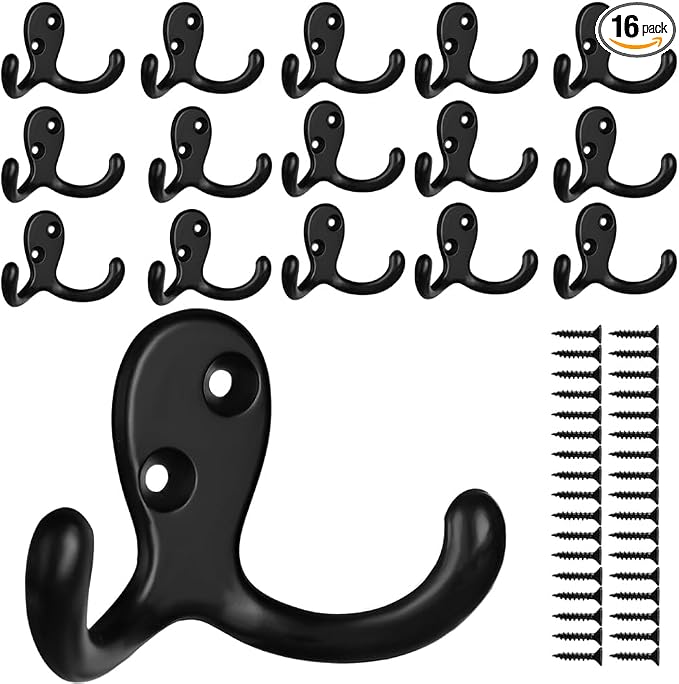 IBosins 16 Pack Black Double Prong Coat Hooks Wall Mounted by IBosins