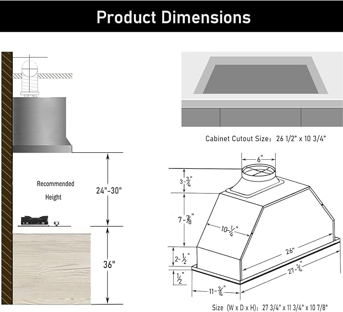 MCBON Range Hood Insert 30 Inch, 700 CFM Range Hood Insert, Ducted/Ductless Convertible Insert Range Hood, Vent Hood Insert, Stainless Steel Hood Range Insert, Built In Range Hood 30 Inch, TE77-30