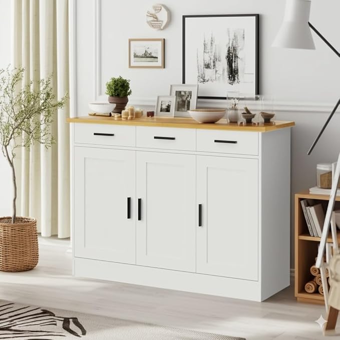 Anystyle 45" White Buffet Cabinet with Storage, Kitchen Sideboard with 3 Drawers & 3 Doors, Modern Coffee Bar Cabinet Credenza Console Table for Dining Room, Living Room, Hallway