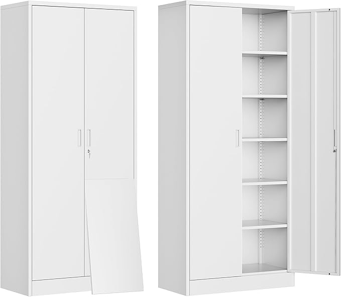 BESFUR Metal Storage Cabinets with Locking Doors and Adjustable Shelves, 71" H Steel Storage Cabinet for Garage, Office, Classroom - White