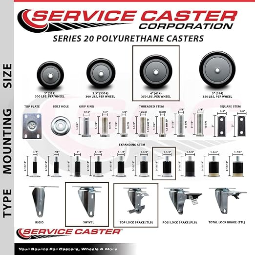 Service Caster Brand Replacement Set for Uline Casters - Swivel 1-1/2 Inch Expanding Stem Casters with 4 Inch Black Polyurethane Wheel-Includes 4 Swivel Casters and Brakes- Fits Uline Worktable H-5746