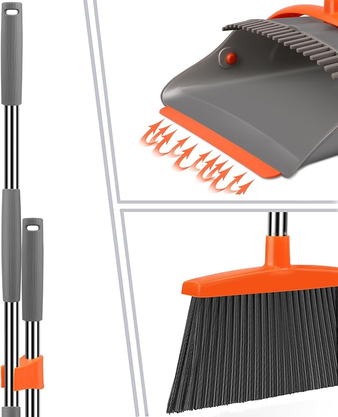 Broom and Dustpan Set for Home, Broom and Dustpan Combo for Office, Long Handle Broom with Upright Standing Dust pan,Indoor&Outdoor Sweeping (Gray&Orange)