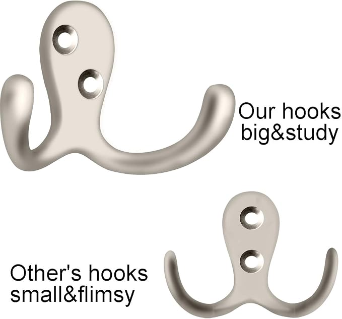 IBosins 10 Pack Silvery Double Prong Coat Hooks Wall Mounted - Image 3