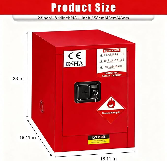 Flammable Storage Cabinet 16 Gallon Red, 18 Gauge Galvanized Steel Chemical Safety Cabinet, 3-Point Locking System & Adjustable Shelf for Warehouses, Industrial Use, Garage & Home