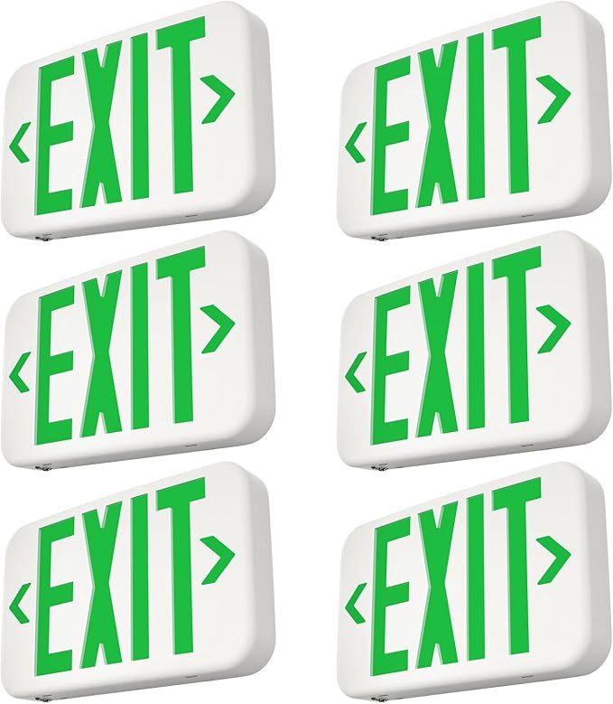 FREELICHT Green LED Exit Sign with Battery Backup，Exit Sign for Business，Easy to Install，UL Certified，AC 120/277V，Pack of 6