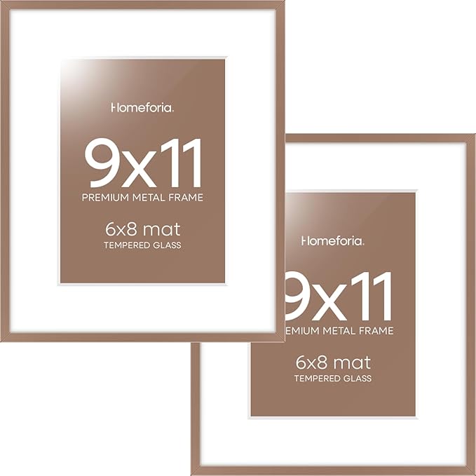 Homeforia 9x11 Mocha Frame, High End Metal 9 x 11 Picture Frames with Mat 6 by 8 inch Photo, 9by11 Thin Poster Frame Matted to 6x8 Print, 11x9 Wall or Tabletop Frame, Tempered Glass, Wall Kit, Set of 2