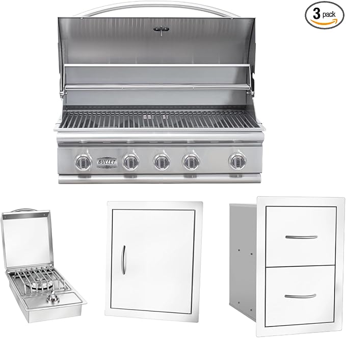 Bullet by Bull Stainless Steel Outdoor Kitchen Grill Set - Built-In Natural Gas -BBQ Kitchen Island Bundle - Includes 5 Burner Grill, Single Access Door & Double Storage Drawer