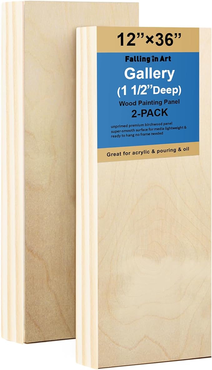 Falling in Art 2 Pack Unfinished Wooden Canvas Panels, 12x36 Gallery Birch Wood Panels Kit, 1 1/2" Deep Art Cradle Boards for Acrylic Painting, Pouring and Burning