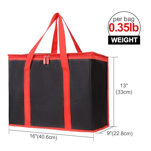 Bodaon 1-Pack Insulated Reusable Grocery Shopping Bags, X-Large Picnic Cooler Bag with Top Cold, Insulated Food/Pizza Delivery Bag (Black-Red Edge)