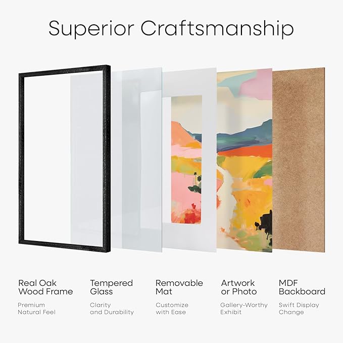 Homeforia Black Wooden Frame 18x24, High End Oak 18x24 Wood Picture Frames with Mat 16x20 Photo, 18 x 24 Poster Frame Matted to 16 by 20 Print, 24x18 Hanging Frames, Tempered Glass, Wall Kit, Set of 1